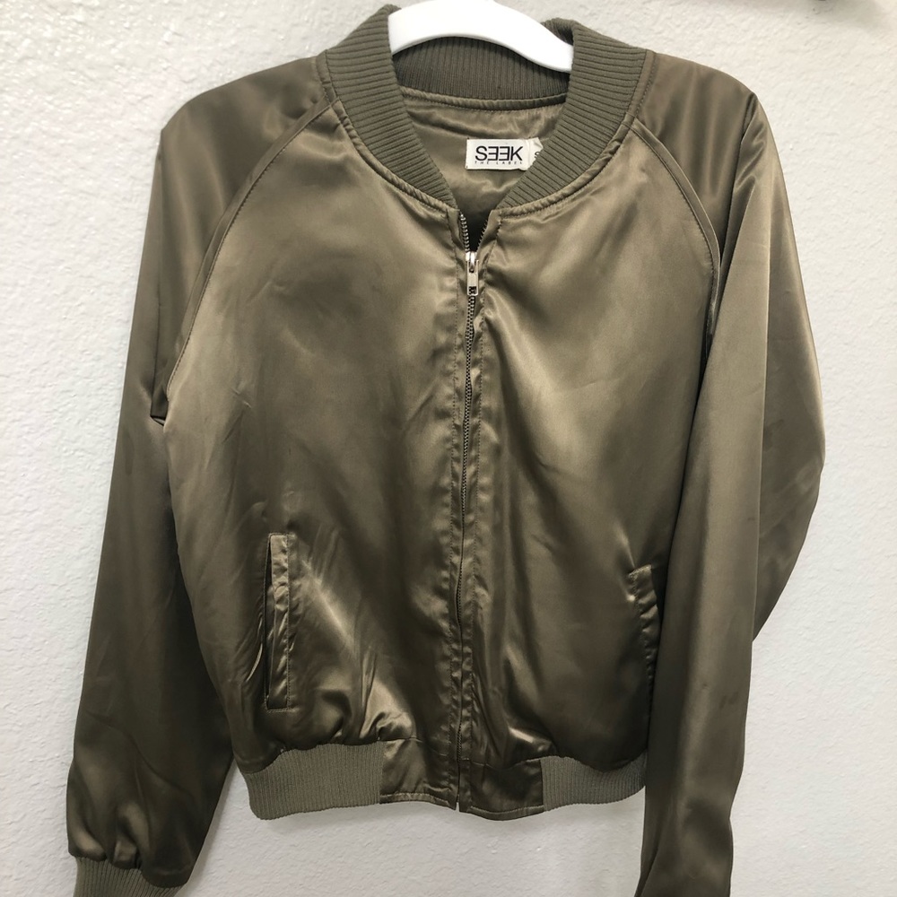 Navy green satin bomber jacket